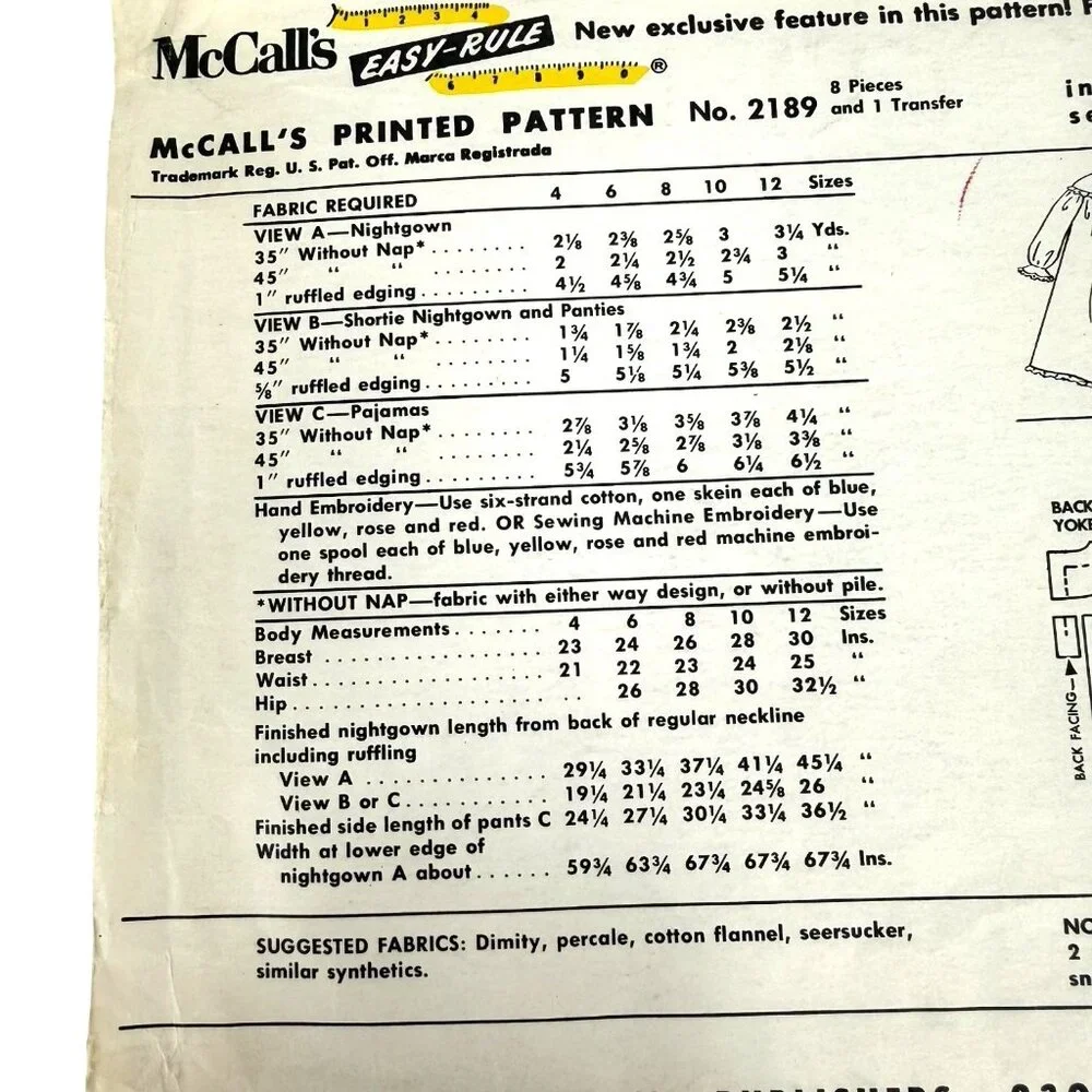 VTG McCalls 2189 Sewing Pattern Girls 1957 Nightgown Pajamas Shortie Size 12 OOP